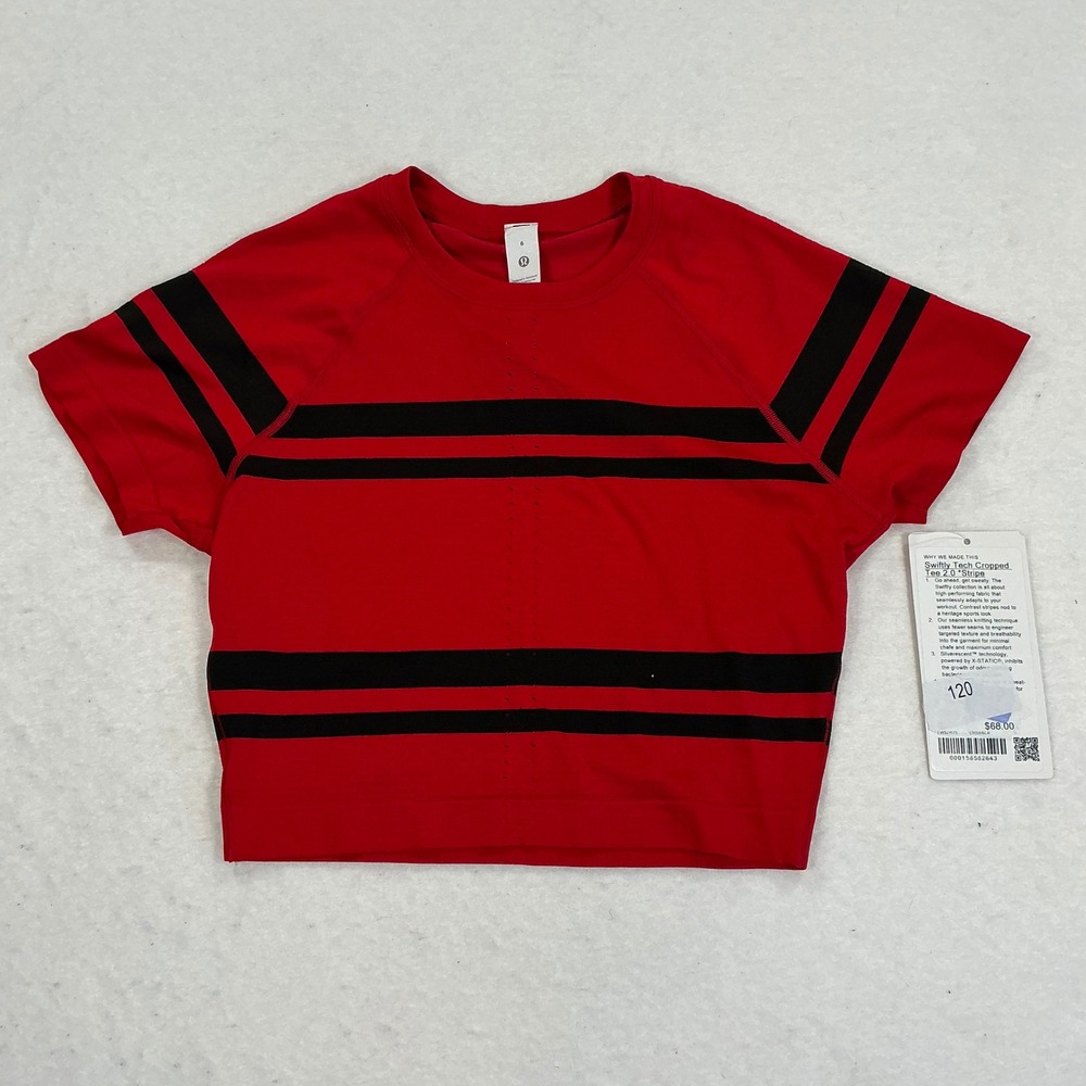 Lululemon Swiftly Tech Cropped Tee 2.0 Stripe Red Black LW3JXUS Size 6